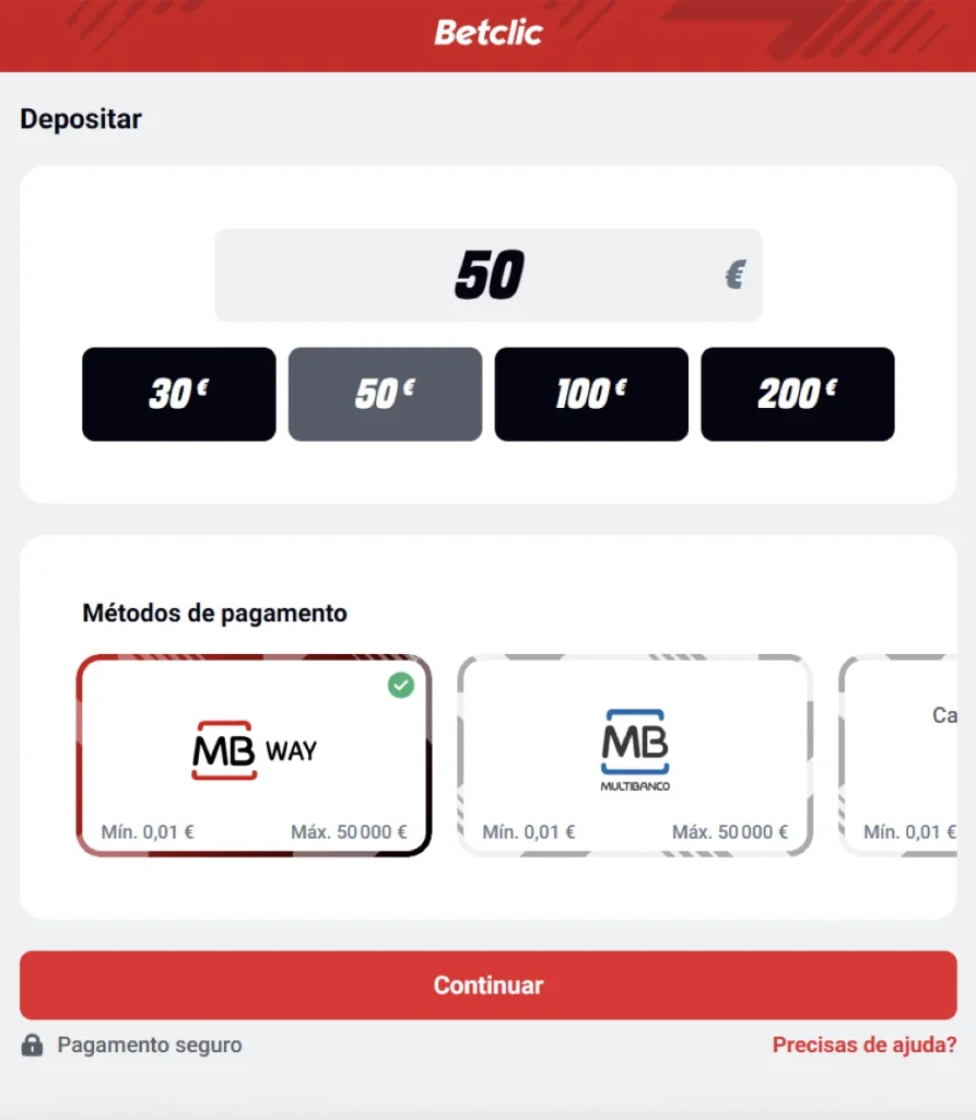 Schermata deposito Betclic con selezione circuito carta e campi da compilare